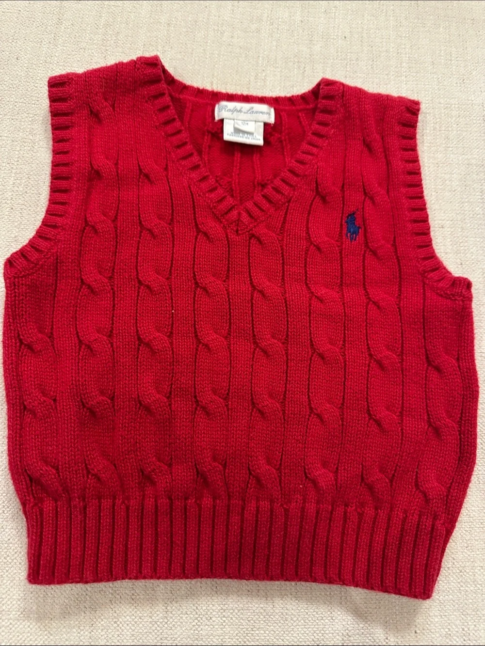 12 month Ralph Lauren Red Cable-Knit V-Neck Sweater Vest with Blue Pony